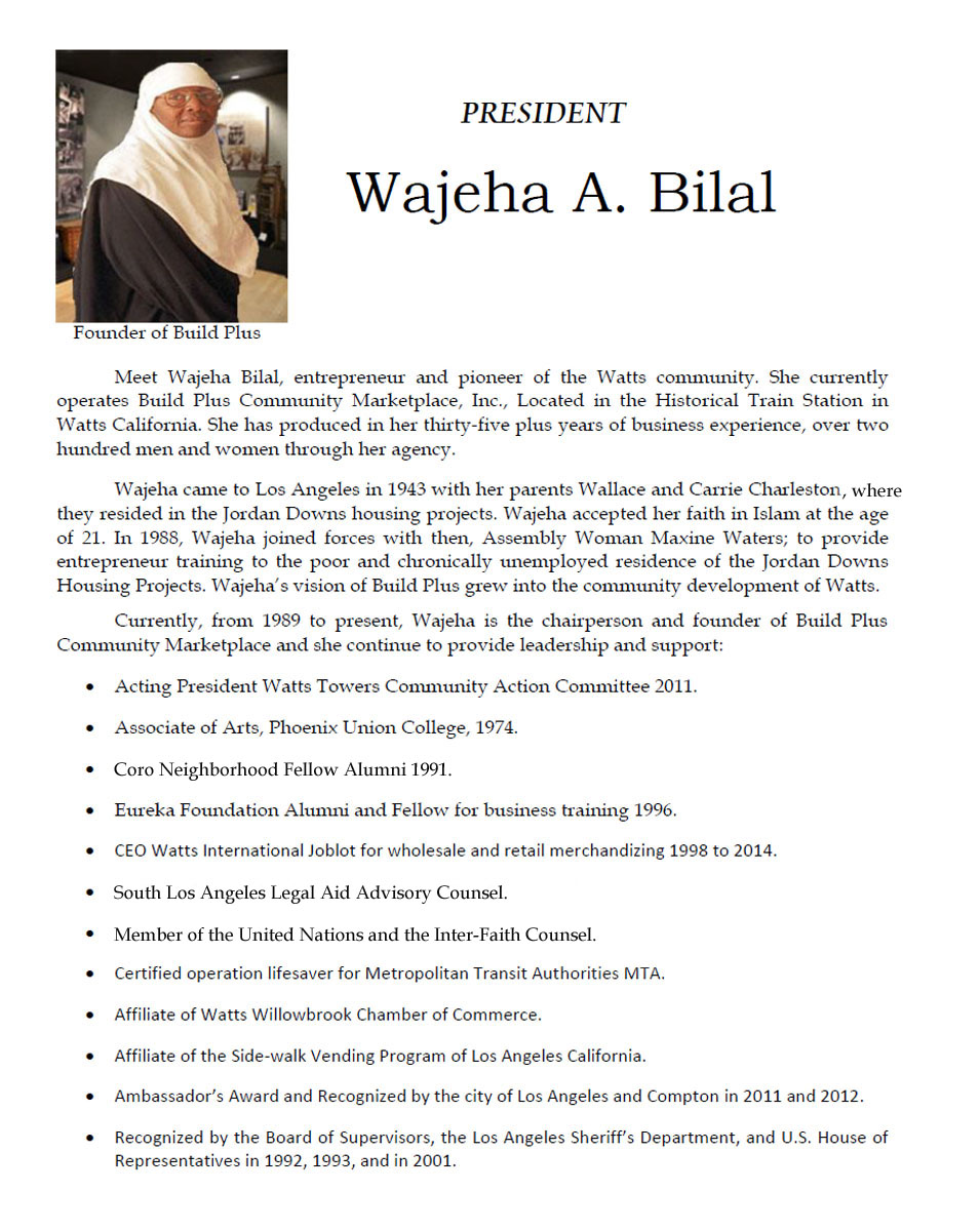 bio of Wajeha A. Bilal, founder of Build Plus Community Marketplace, Inc. A nonprofit 501c3 organization
